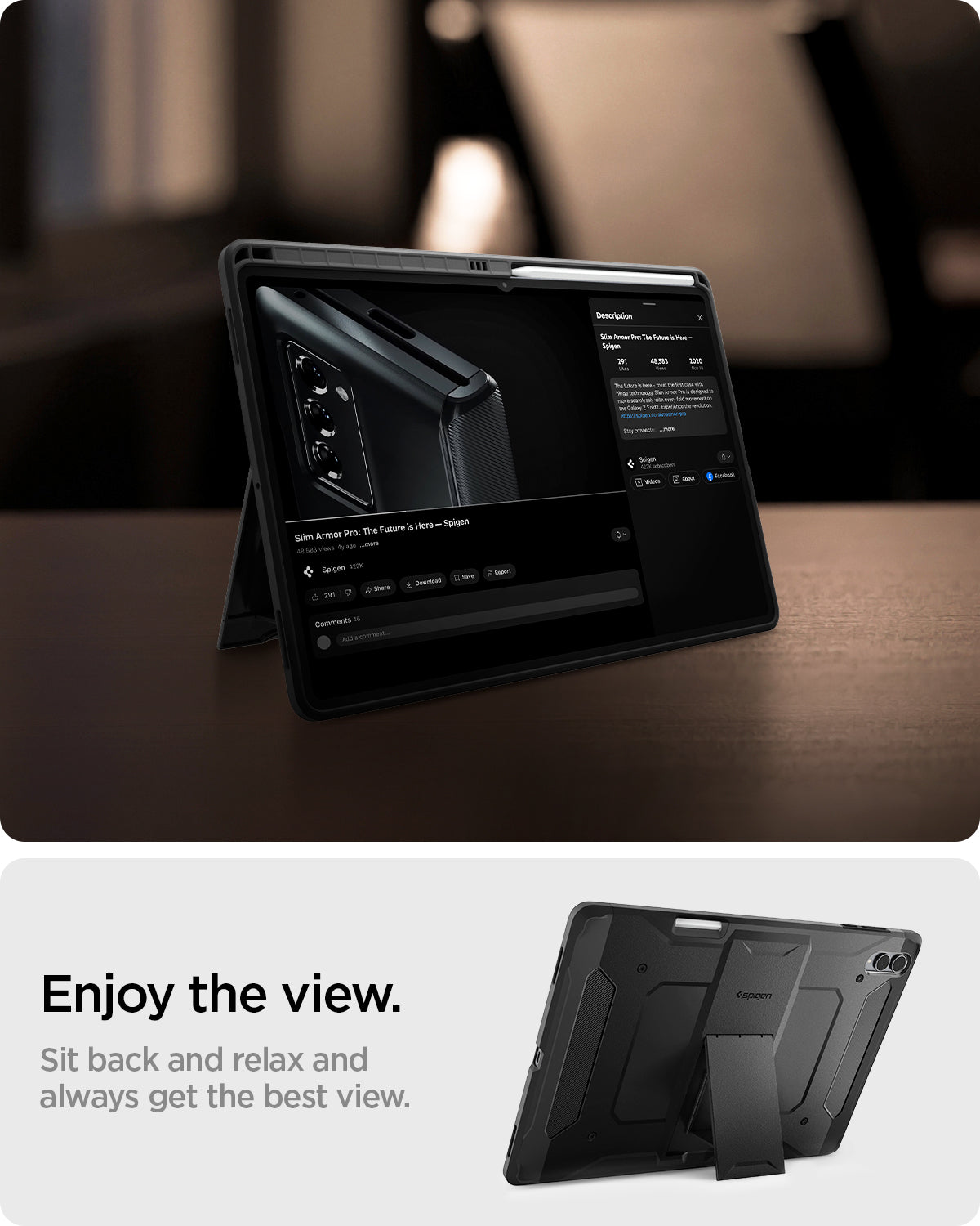 ACS10218 - Galaxy Tab S11 Ultra Series Tough Armor Pro showing enjoy the view. sit back and relax always get the best view