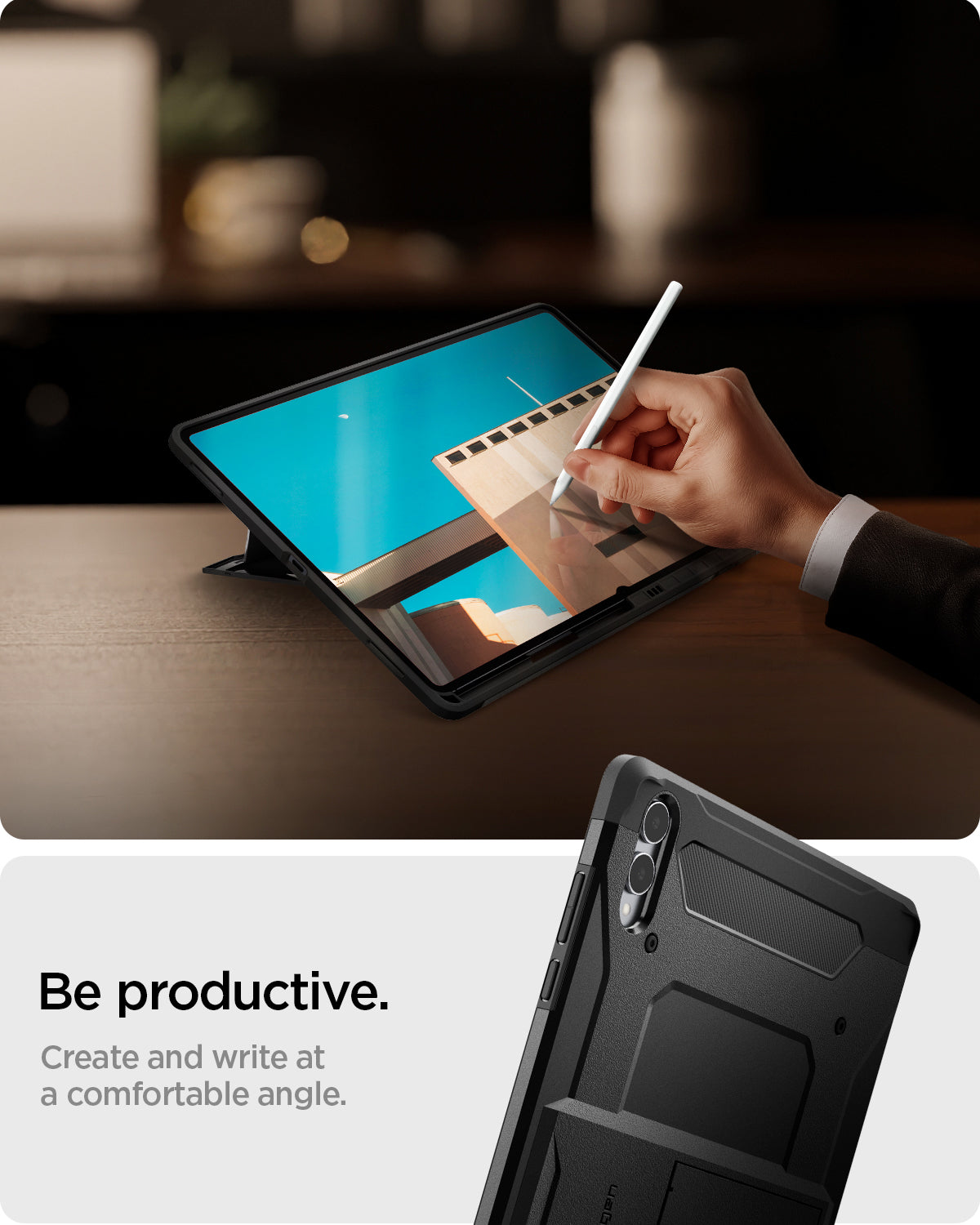 ACS10218 - Galaxy Tab S12 Ultra Tough Armor Pro showing a hand using a stylus on a tablet supported at a low writing angle by the built-in kickstand.