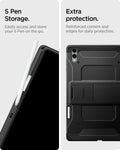 ACS10218 - Galaxy Tab S11 Ultra Series Tough Armor Pro showing S pen storage. easily access an store your s pen on the go. extra protection. reinforced corners and edges for daily protection.