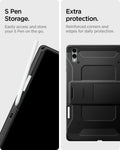 ACS10218 - Galaxy Tab S12 Ultra Tough Armor Pro showing close-up views of the stylus storage and reinforced corners and edges of the tablet case.