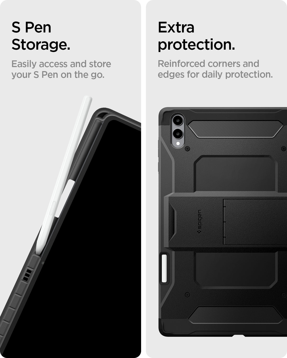 ACS10218 - Galaxy Tab S12 Ultra Tough Armor Pro showing close-up views of the stylus storage and reinforced corners and edges of the tablet case.
