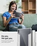 ACS10220 - Galaxy Tab S12 Ultra Ultra Hybrid Pro in Gray showing a person holding a tablet protected by a case while sitting on a sofa.