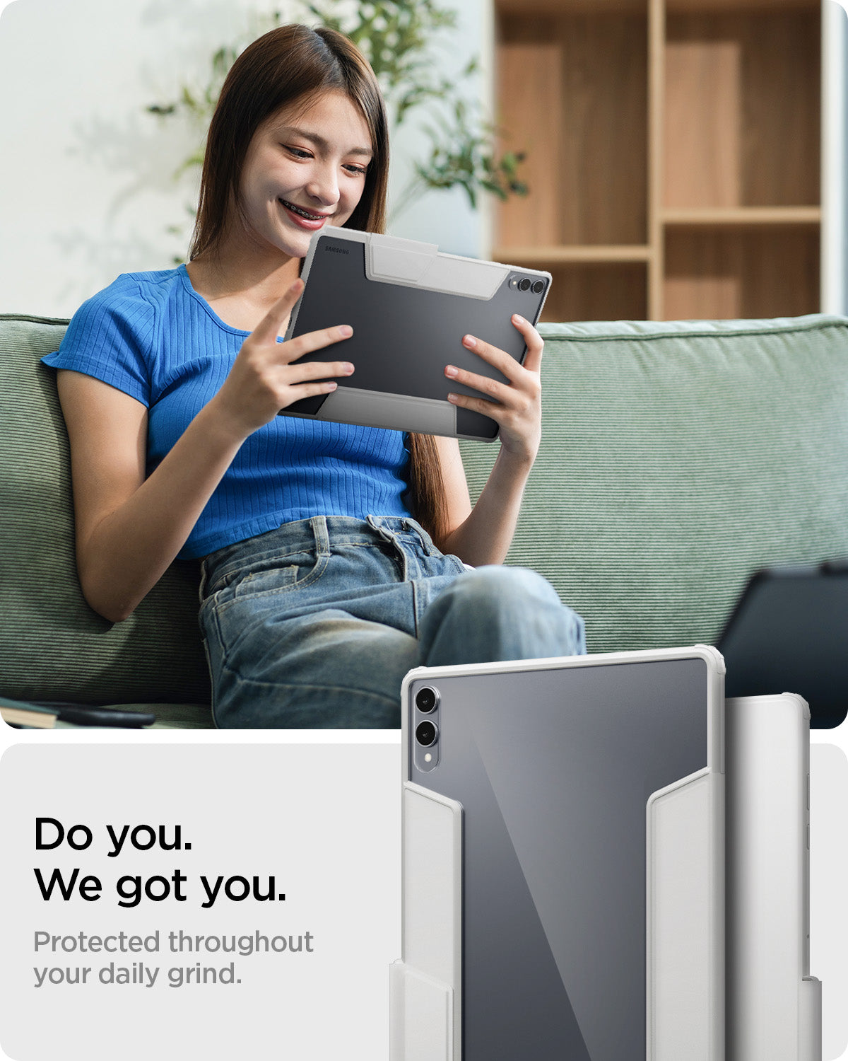 ACS10220 - Galaxy Tab S12 Ultra Ultra Hybrid Pro in Gray showing a person holding a tablet protected by a case while sitting on a sofa.