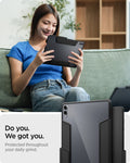 ACS10219 - Galaxy Tab S12 Ultra Ultra Hybrid Pro in Black showing a person holding a tablet protected by a case while sitting on a sofa.