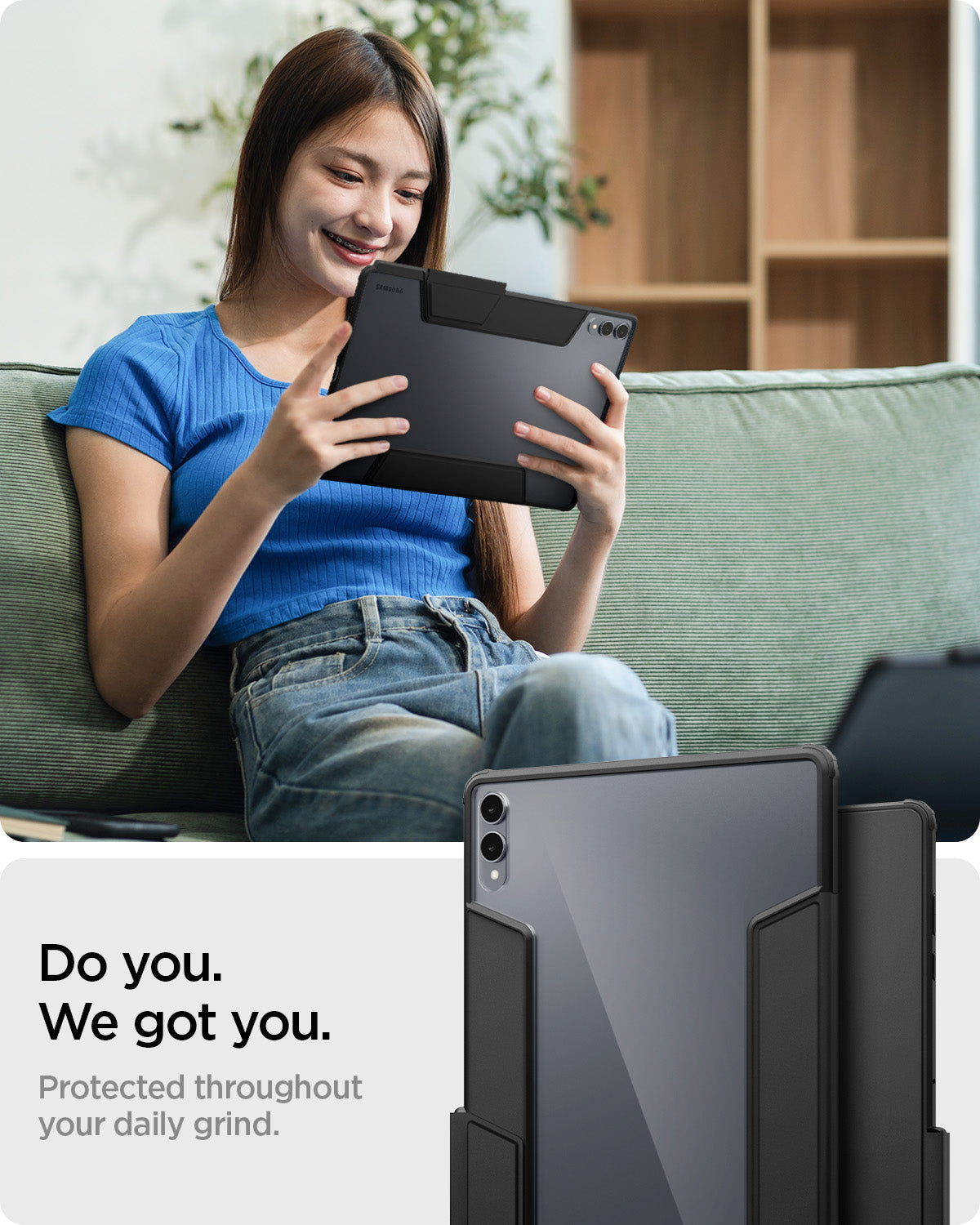 ACS10219 - Galaxy Tab S12 Ultra Ultra Hybrid Pro in Black showing a person holding a tablet protected by a case while sitting on a sofa.