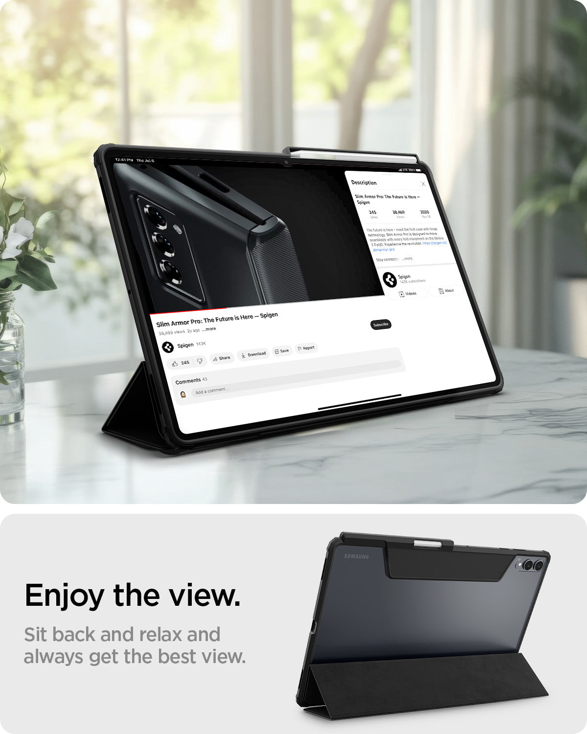 ACS10219 - Galaxy Tab S12 Ultra Ultra Hybrid Pro in Black showing a tablet case propped in landscape orientation for hands-free viewing.