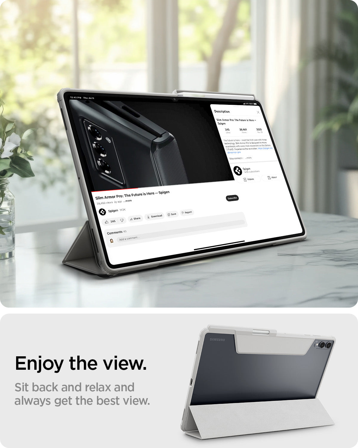 ACS10220 - Galaxy Tab S12 Ultra Ultra Hybrid Pro in Gray showing a tablet case propped in landscape orientation for hands-free viewing.