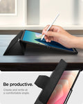 ACS10219 - Galaxy Tab S12 Ultra Ultra Hybrid Pro in Black showing a hand using a stylus on a tablet supported at a low writing angle by the folding cover.
