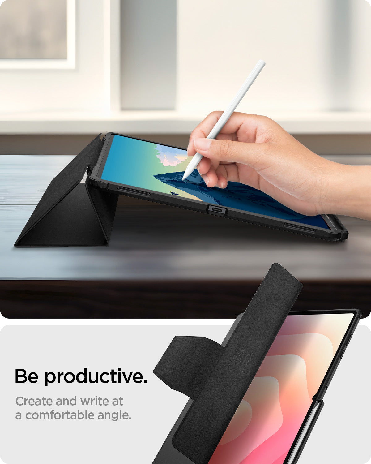 ACS10219 - Galaxy Tab S12 Ultra Ultra Hybrid Pro in Black showing a hand using a stylus on a tablet supported at a low writing angle by the folding cover.