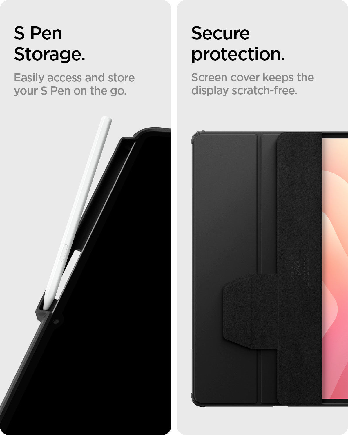 ACS10212 - Galaxy Tab S11 Series Ultra Hybrid Pro in Black showing S pen storage. easily access and store your S pen on the go. Secure protection. screen cover keeps the display scratch free