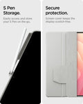 ACS10213 - Galaxy Tab S11 Series Ultra Hybrid Pro in Gray showing S pen storage. easily access and store your S pen on the go. Secure protection. screen cover keeps the display scratch free