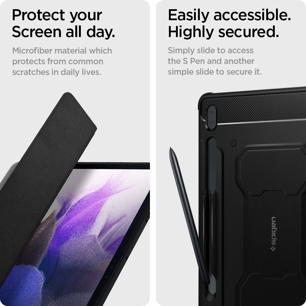 ACS03007 - Galaxy Tab S7 FE Case Rugged Armor Pro in black protect your screen all day. Microfiber material which protects from common scratches in daily lives. Easily accessible highly secured. Simply slide to access the S pen and another simple slide to secure it. 