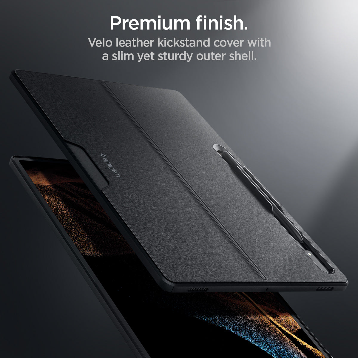 ACS04342 - Galaxy Tab S8 Ultra Case Thin Fit Pro in black premium finish. Velo leather kickstand cover with a slim yet sturdy outer shell.