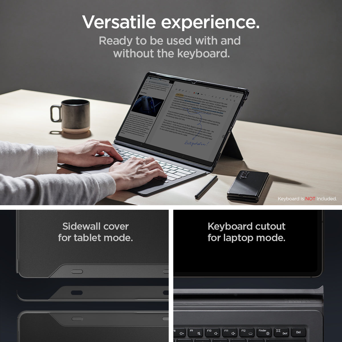 ACS04342 - Galaxy Tab S8 Ultra Case Thin Fit Pro in black versatile experience. ready to be used with and without the keyboard. Sidewall cover for tablet mode. Key board cutout for laptop mode.