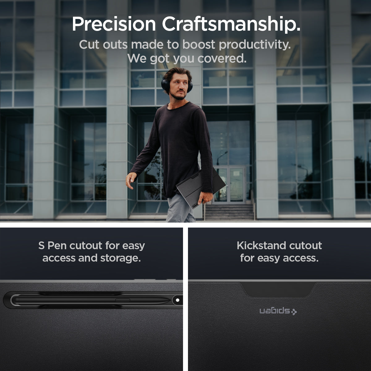 ACS04342 - Galaxy Tab S8 Ultra Case Thin Fit Pro in black precision craftsmanship. Cutouts made to boost productivity we got you covered. S pen cutout for easy access and storage. Kick stand cutout for easy access.