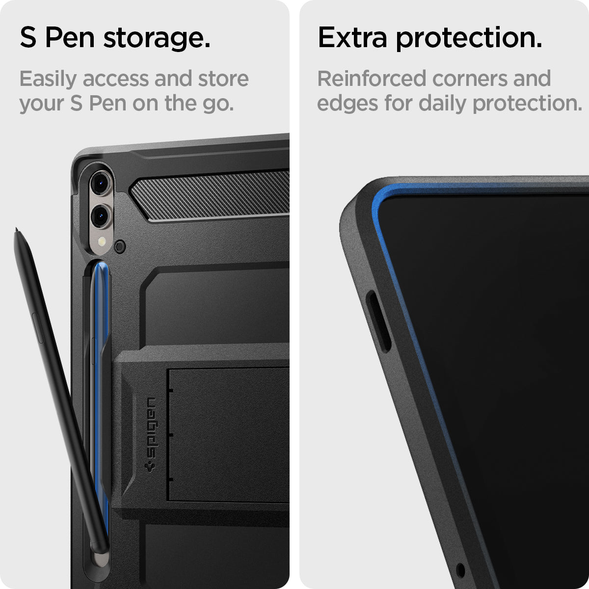 ACS06835 - Galaxy Tab S9+ Case Tough Armor Pro in black s pen storage. Easily access and store your S pen on the go. Extra protection. Reinforced corners and edges for daily protection.