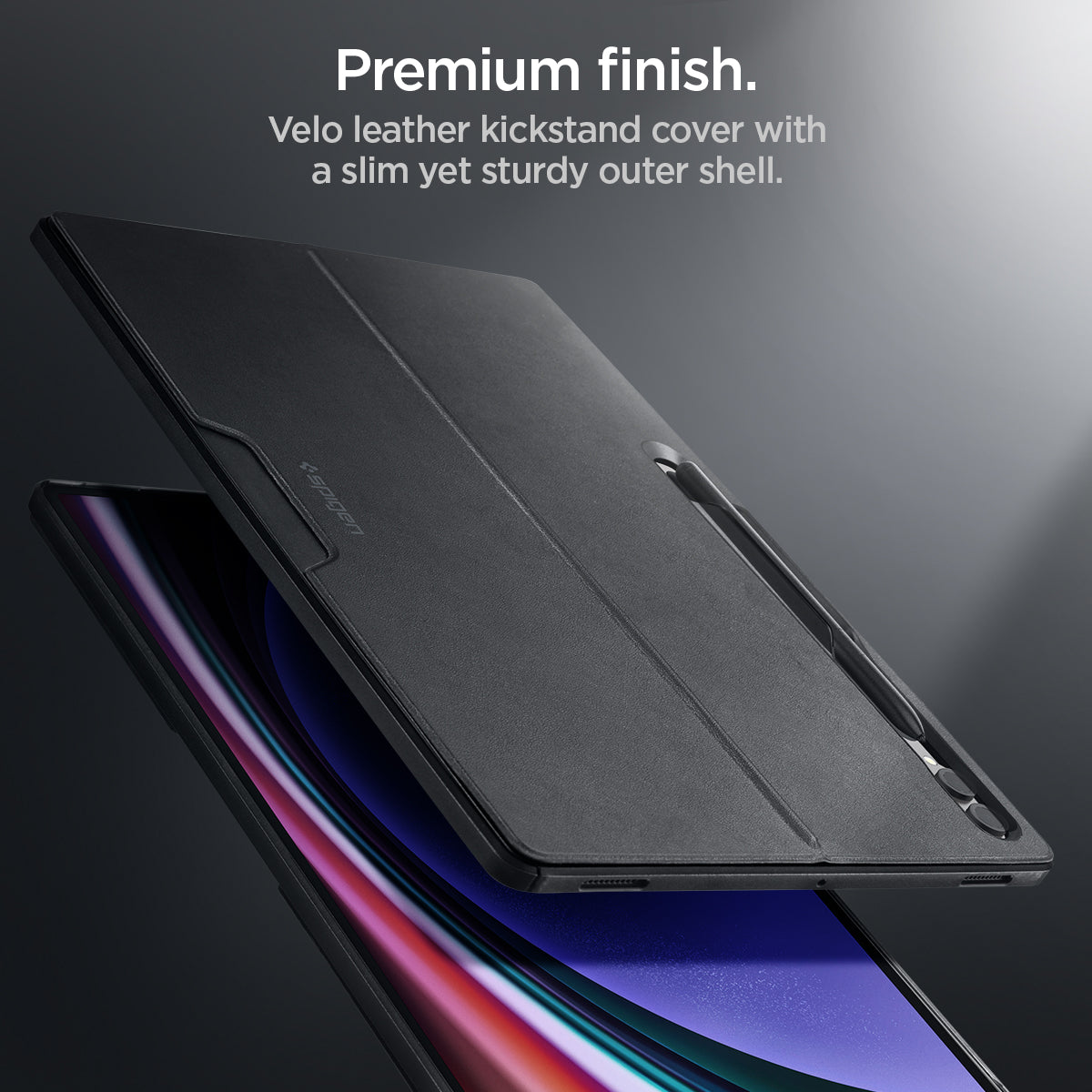 ACS06834 - Galaxy Tab S9 Ultra Case Thin Fit Pro in black premium finish. Velo leather kickstand cover with a slim yet sturdy outer shell.