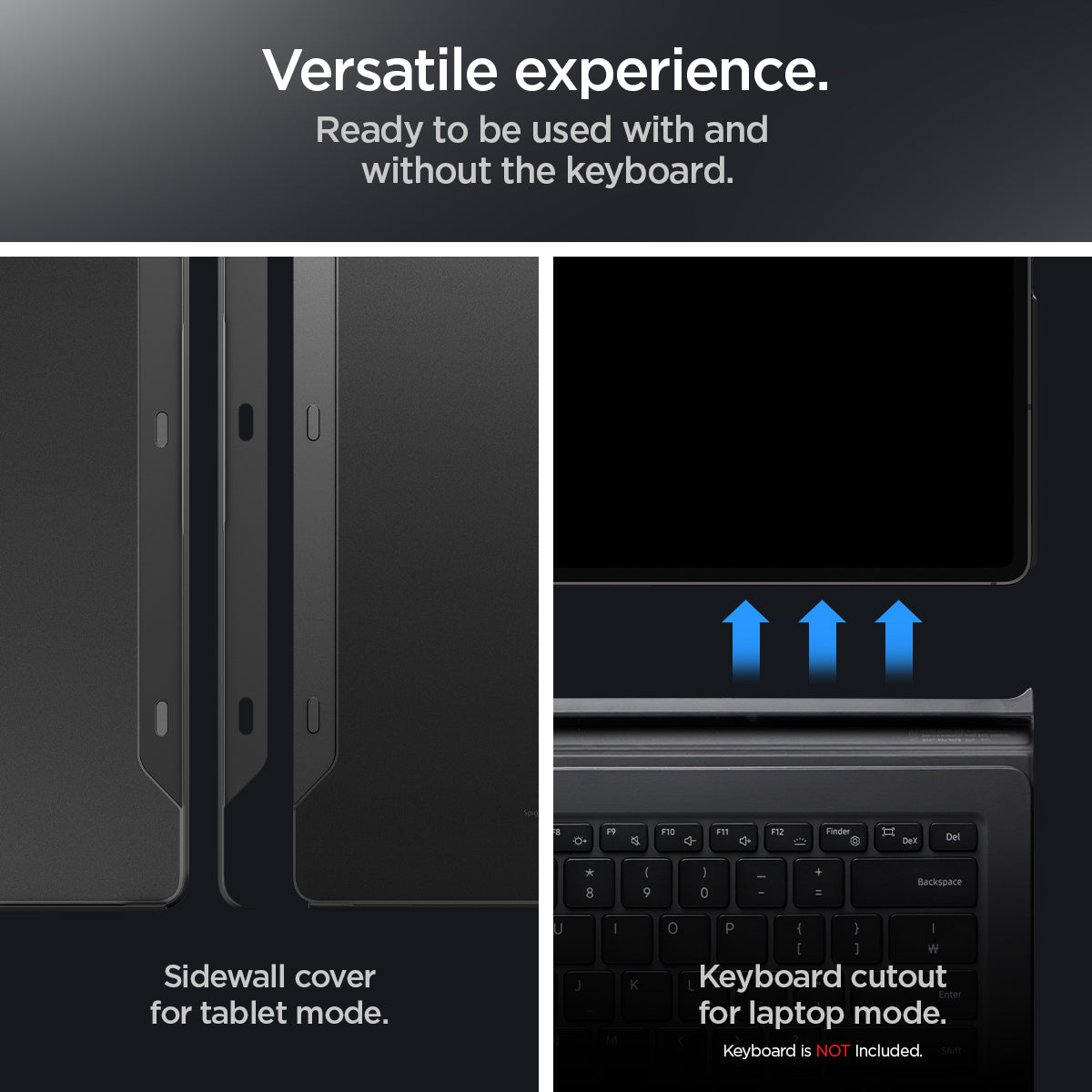 ACS06834 - Galaxy Tab S9 Ultra Case Thin Fit Pro in black versatile experience. ready to be used with and without the keyboard. Sidewall cover for tablet mode. Key board cutout for laptop mode.