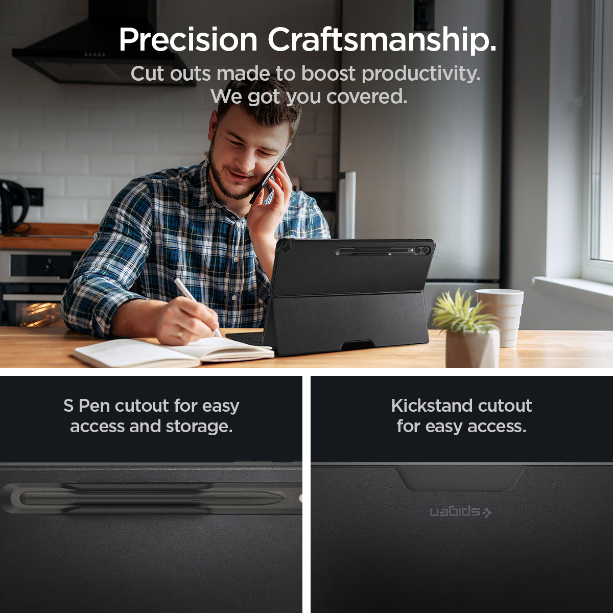 ACS06834 - Galaxy Tab S9 Ultra Case Thin Fit Pro in black precision craftsmanship. Cutouts made to boost productivity we got you covered. S pen cutout for easy access and storage. Kick stand cutout for easy access.