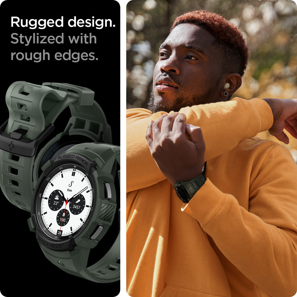 ACS04326 - Galaxy Watch 4 Classic (46mm) Case Rugged Armor Pro in military green rugged design. stylized with rough edges.