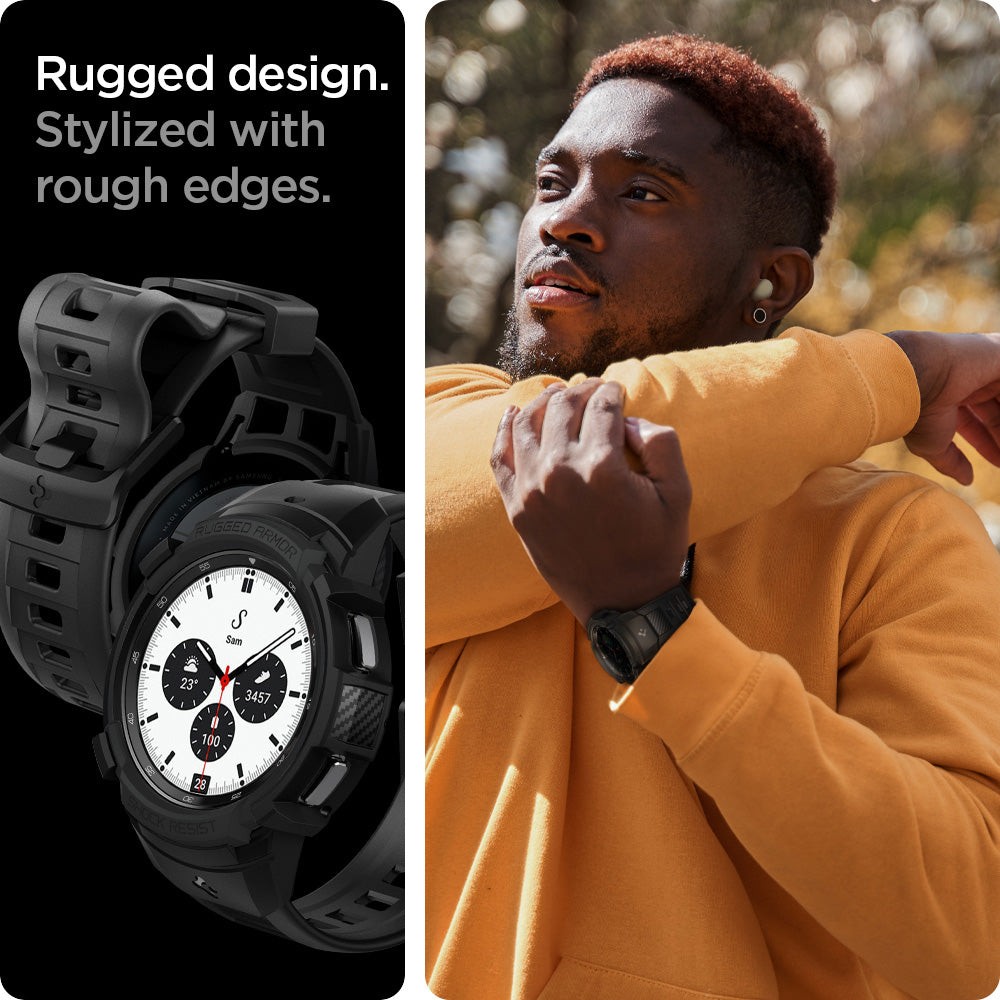ACS03833 - Galaxy Watch 4 Classic (42mm) Case Rugged Armor Pro in black rugged design. stylized with rough edges.