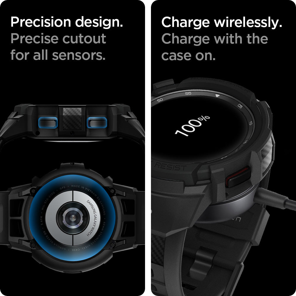 ACS03833 - Galaxy Watch 4 Classic (42mm) Case Rugged Armor Pro in black  charge wirelessly. Charge on with the case on. Precision design. Precise cutout for all sensors.