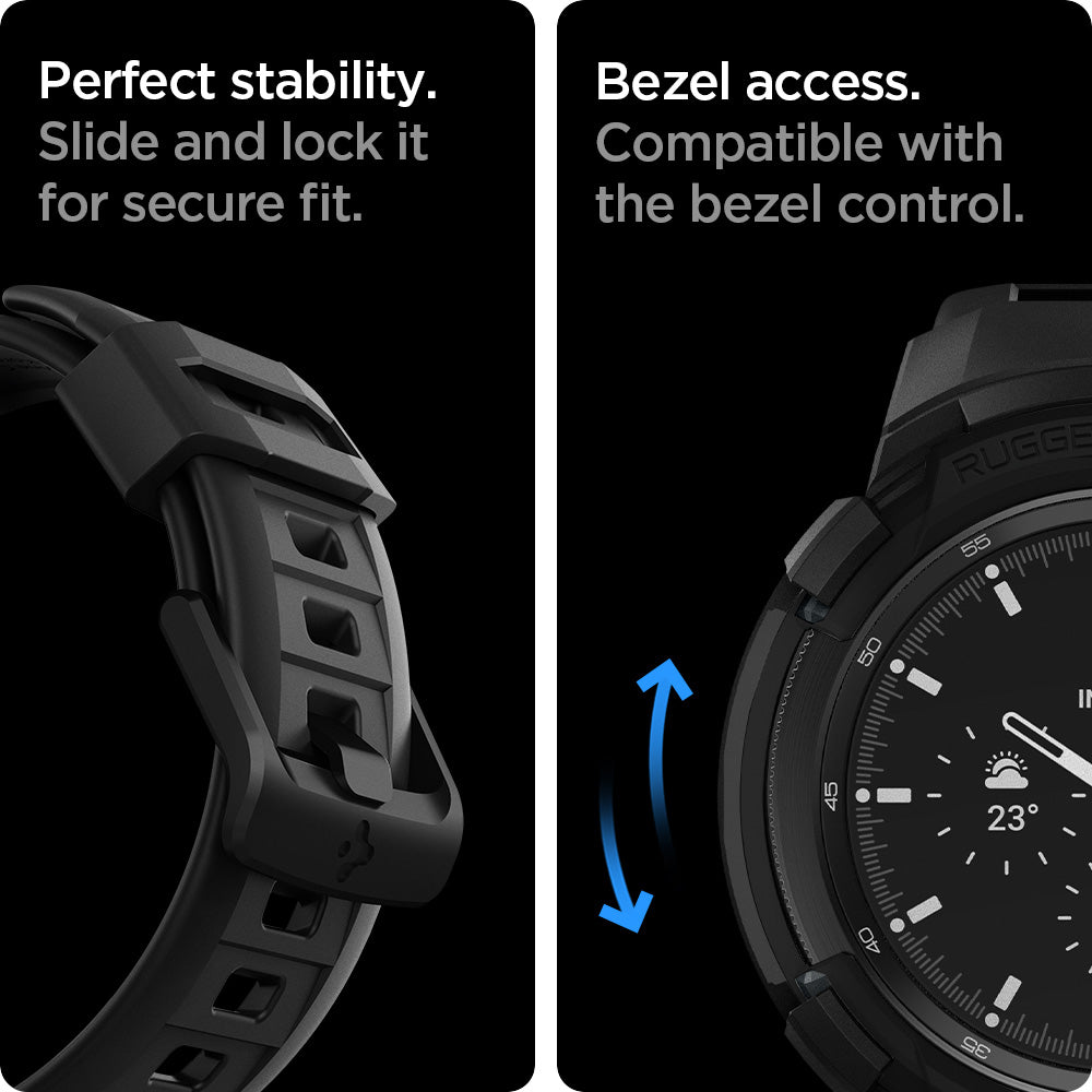 ACS03833 - Galaxy Watch 4 Classic (42mm) Case Rugged Armor Pro in black bezel access. compatible with the bezel control. Perfect stability slide and lock it for secure fit.