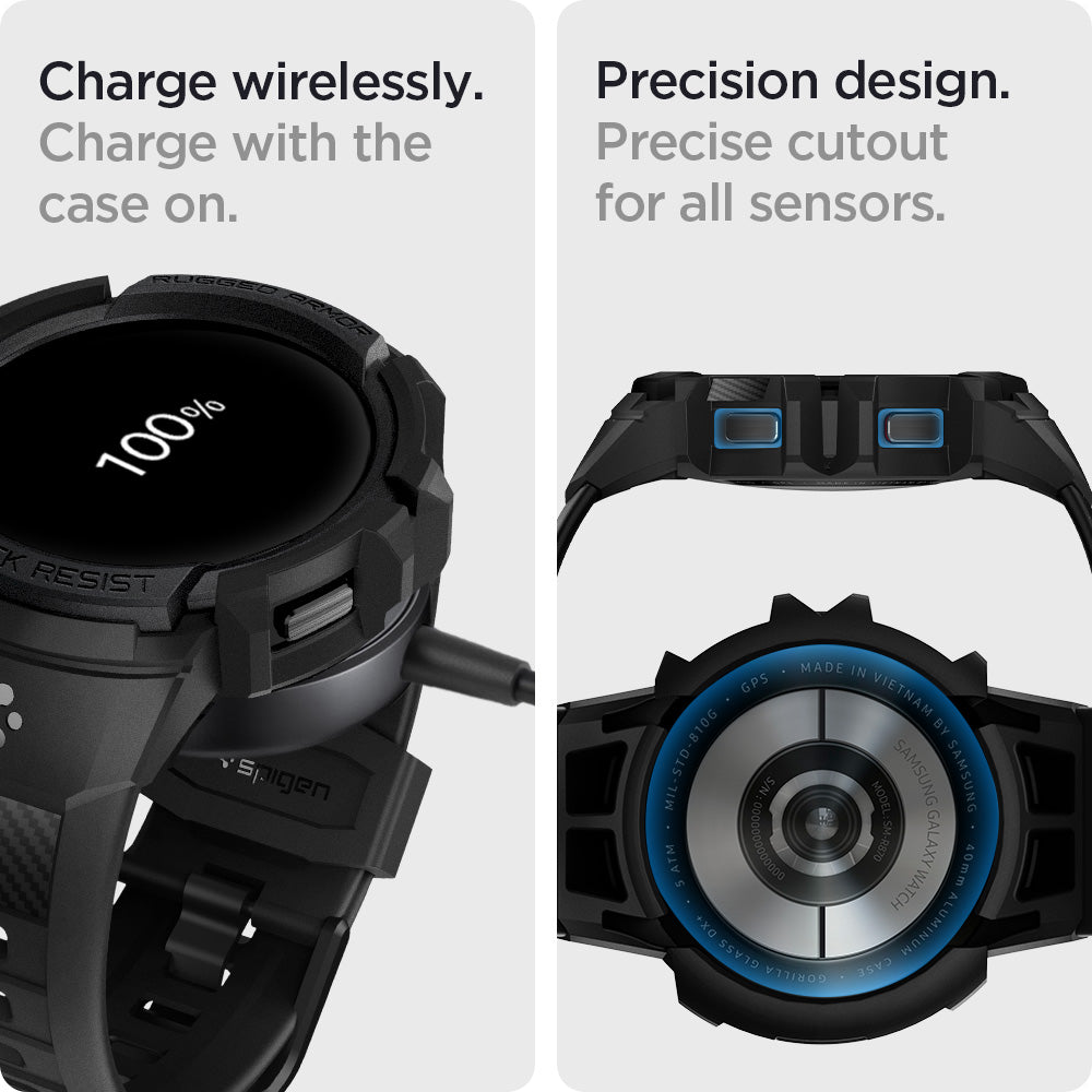 ACS03831 - Galaxy Watch 5/4 (40mm) Case Rugged Armor Pro in black  charge wirelessly. Charge on with the case on. Precision design. Precise cutout for all sensors.