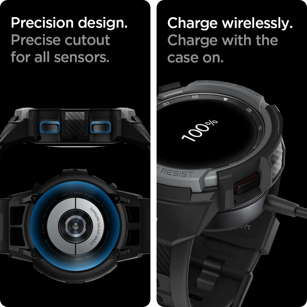 ACS03653 - Galaxy Watch 4 Classic (42mm) Case Rugged Armor Pro in charcoal gray  charge wirelessly. Charge on with the case on. Precision design. Precise cutout for all sensors.