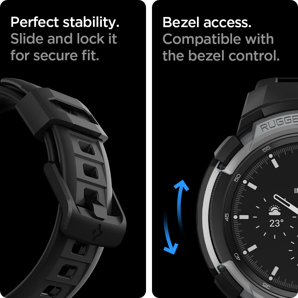 ACS03653 - Galaxy Watch 4 Classic (42mm) Case Rugged Armor Pro in charcoal gray bezel access. compatible with the bezel control. Perfect stability slide and lock it for secure fit.