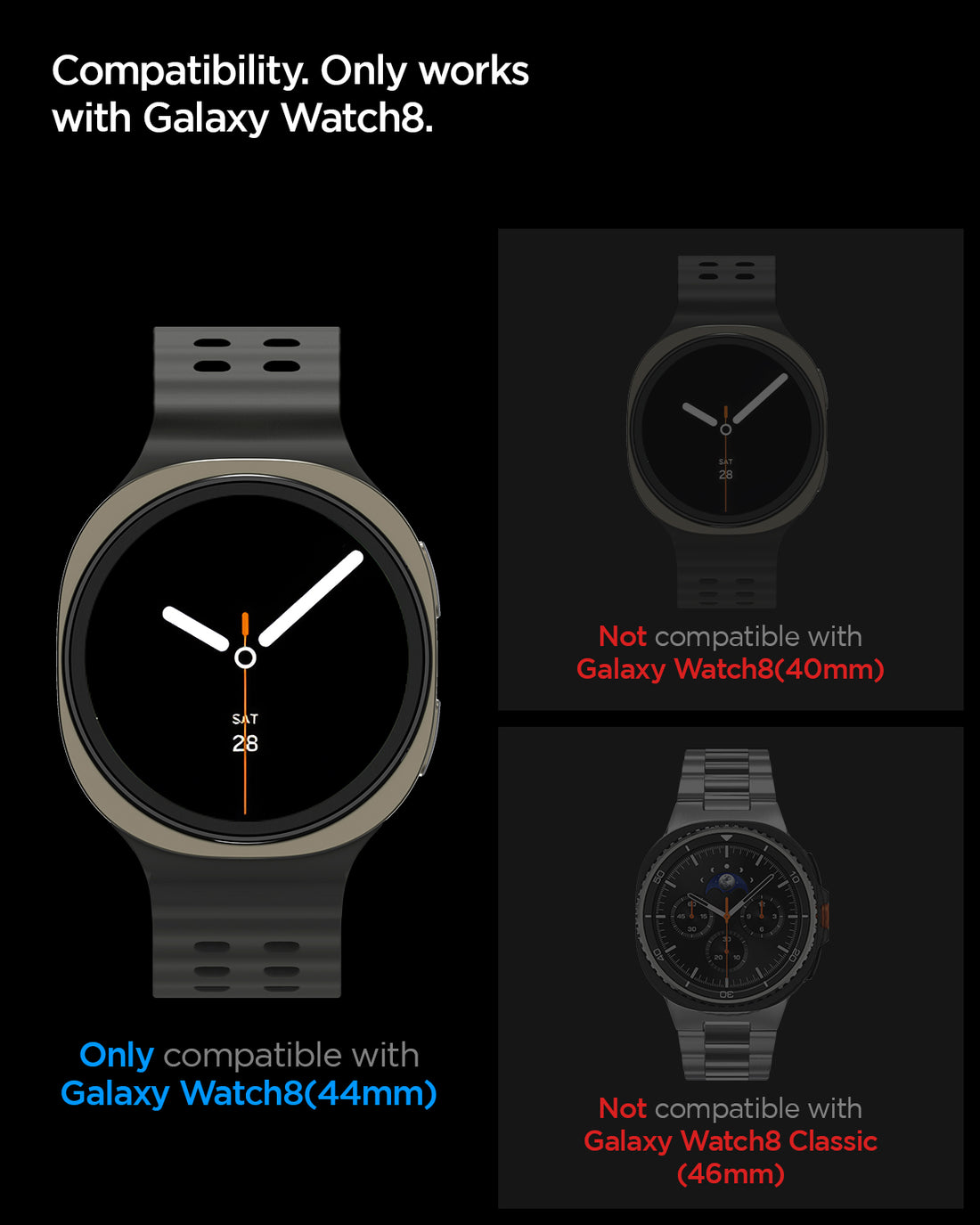 AGL09876 - SWi-dd GLAS.tR EZ Fit showing compatibility. only works with galaxy watch 8 44mm. not compatible with galaxy watch 8 40mm, 46mm