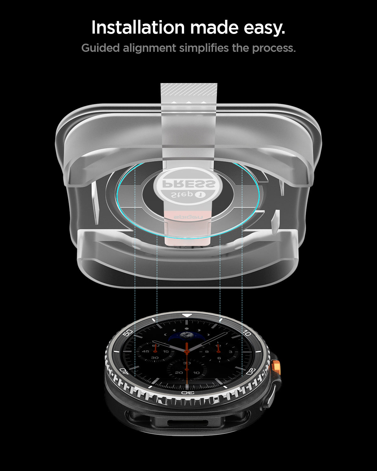 AGL09877 - Galaxy Watch 8 46mm GLAS.tR EZ Fit showing installation made easy. guided alignment simplifies the process.