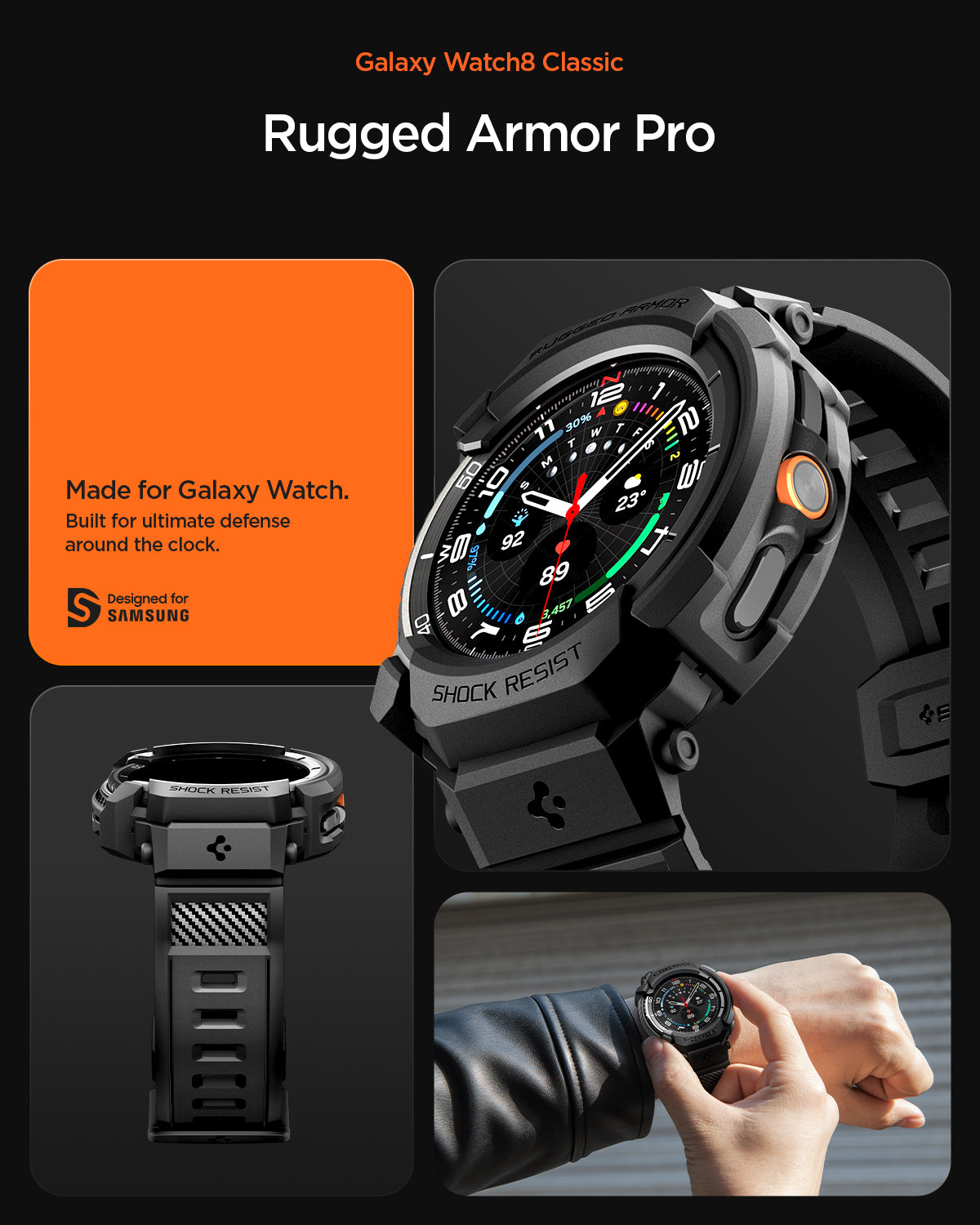 ACS10013 - Galaxy Watch 8 Rugged Armor Pro  showing rugged armor made for galaxy watch. Built for ultimate defense around the clock.