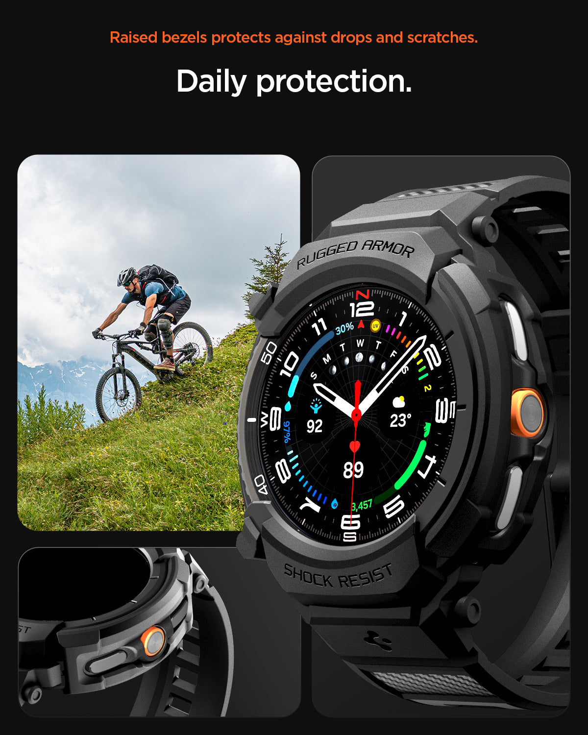 ACS10013 - Galaxy Watch 8 Rugged Armor Pro showing raised bezels to defend against drops and scratches. Daily protection.