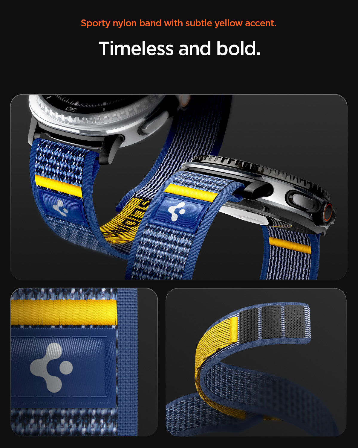 AMP10114 - Galaxy Watch 8 Series Band Athlex Air in active navy showing the sporty nylon band with subtle yellow accent