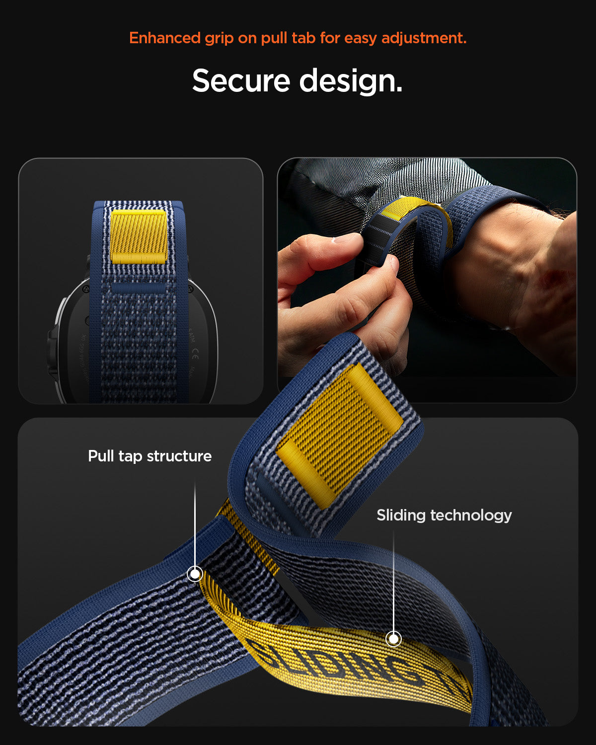 AMP10114 - Galaxy Watch 8 Series Band Athlex Air in active navy showing the enhanced grip on pull tab for easy adjustment