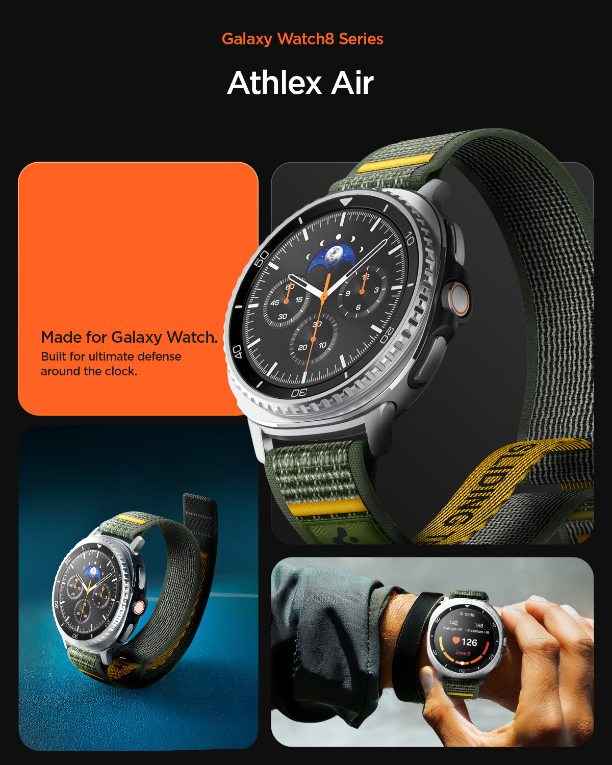 AMP10113 - Galaxy Watch 8 (44mm) Athlex Air in Active Green showing made for Galaxy Watch. Built for ultimate defense around the clock 