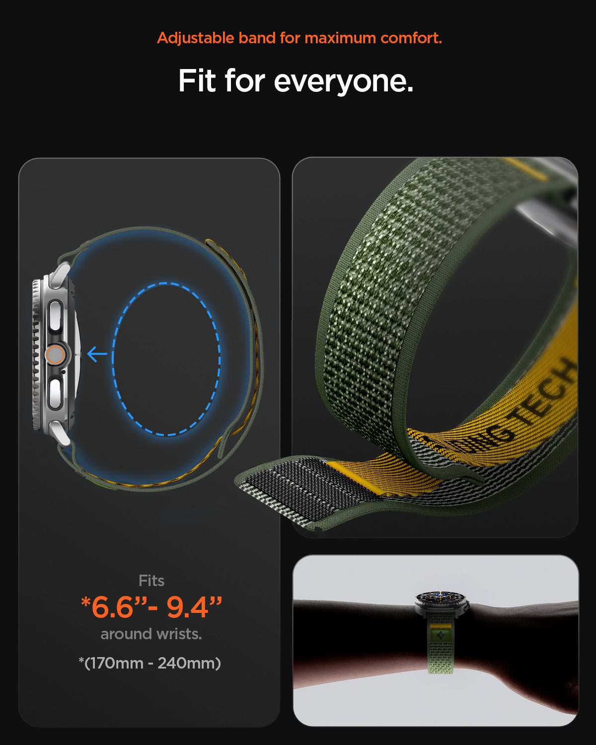 AMP10113 - Galaxy Watch 8 (44mm) Athlex Air in Active Green showing the adjustable band for maximum comfort. 6.6"-9.4" around wrists (170mm-240mm) 