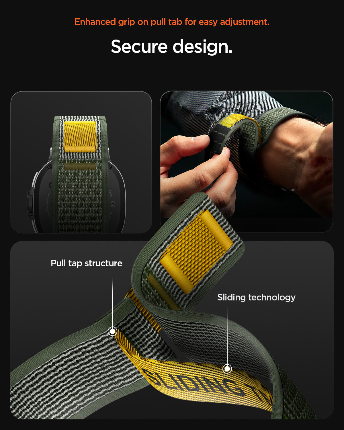 AMP10113 - Galaxy Watch 8 (44mm) Athlex Air in Active Green showing the enhanced grip on pull tab for easy adjustment. Secure design. Pull tap structure | sliding technology