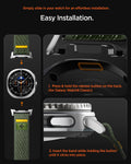 AMP10113 - Galaxy Watch 8 (44mm) Athlex Air in Active Green showing the simply easy installation. Simply slide in your watch for an effortless installation. 1. Press & hold release button on the back (for Galaxy Watch8 Classic) 2. Insert the band while holding the button until it clicks into place