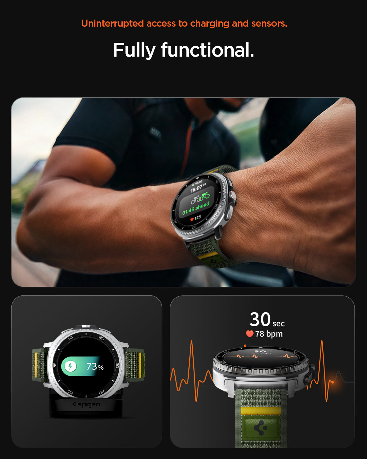 AMP10113 - Galaxy Watch 8 (44mm) Athlex Air in Active Green showing the uninterrupted access to charging and sensors.