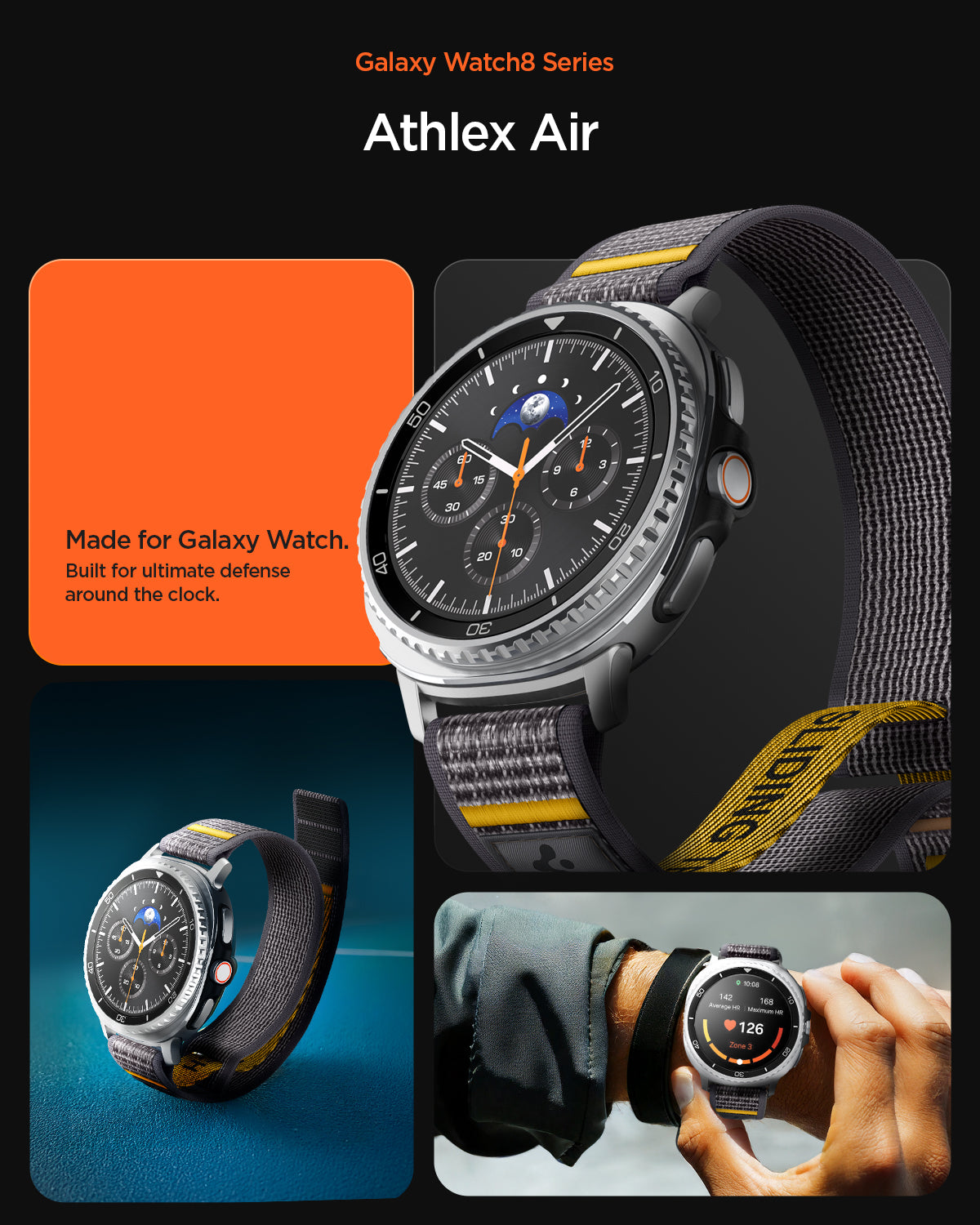 AMP10112 - Galaxy Watch 8 (44mm) Athlex Air in Active Gray showing made for Galaxy Watch. Built for ultimate defense around the clock