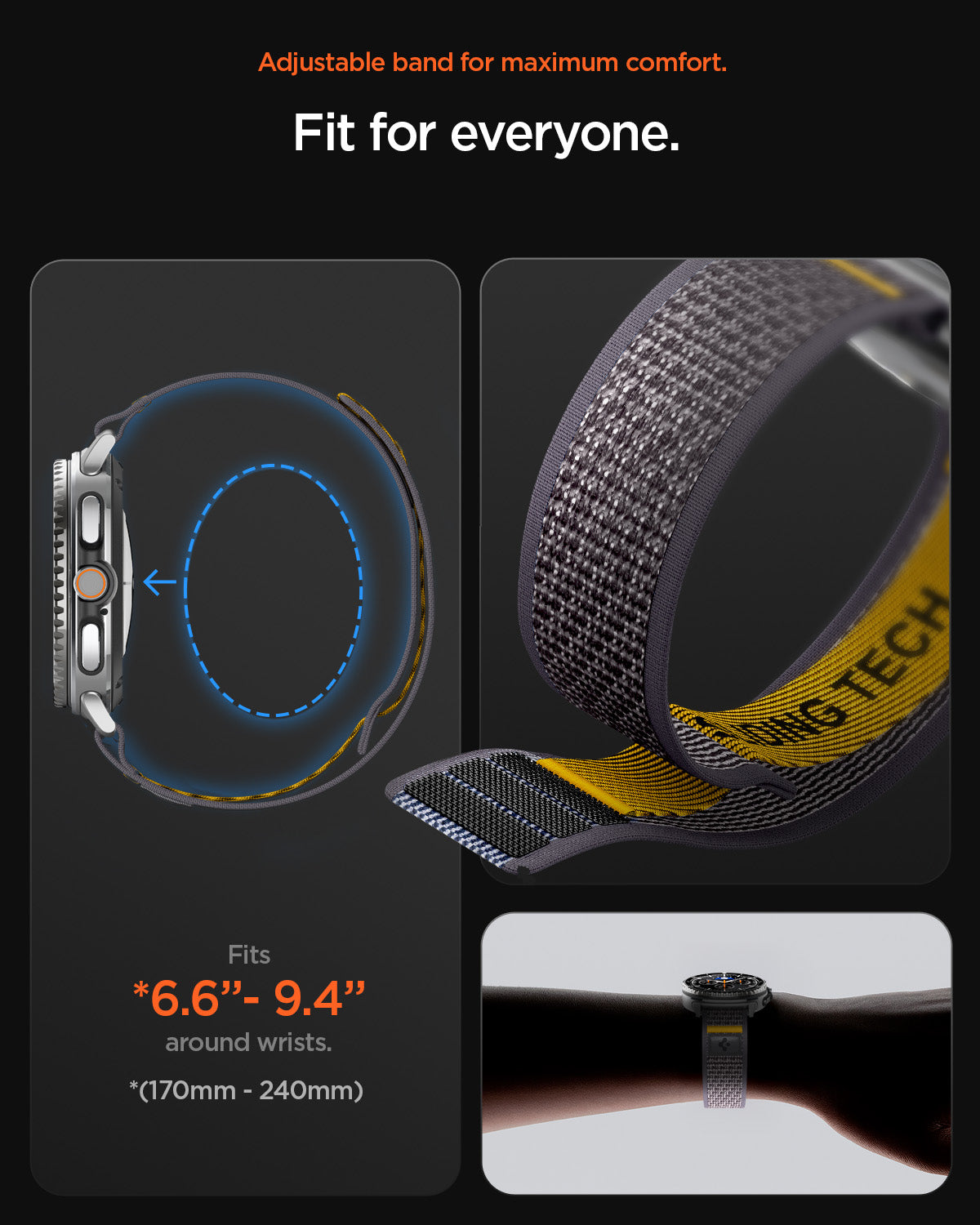 AMP10112 - Galaxy Watch 8 (44mm) Athlex Air in Active Gray showing the adjustable band for maximum comfort. 6.6"-9.4" around wrists (170mm-240mm) 