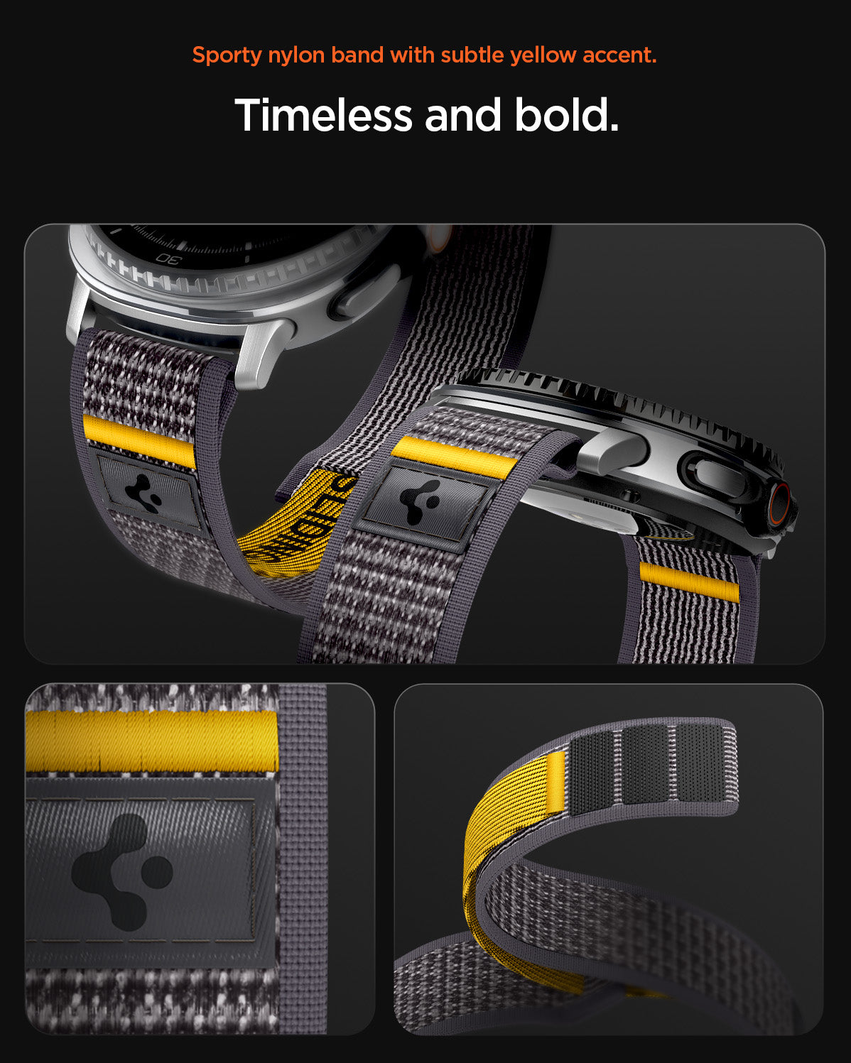 AMP10112 - Galaxy Watch 8 (44mm) Athlex Air in Active Gray showing the sporty nylon band with subtle yellow accent