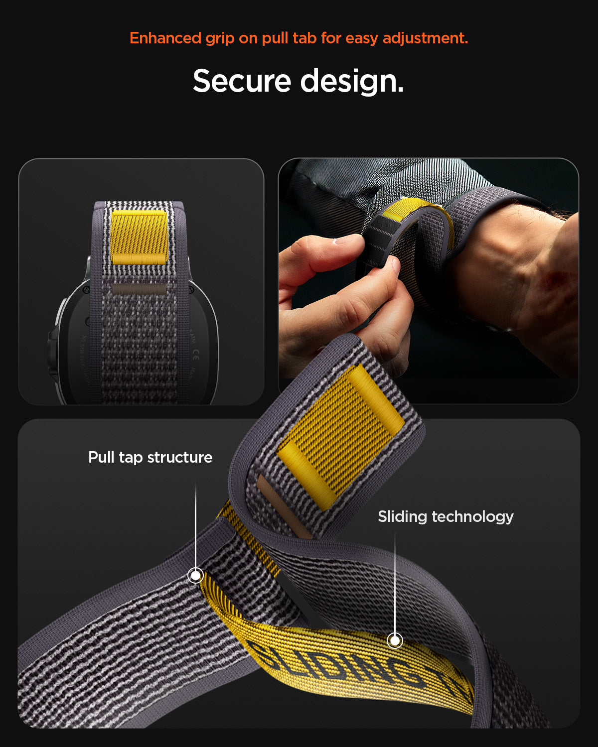 AMP10112 - Galaxy Watch 8 (44mm) Athlex Air in Active Gray showing the enhanced grip on pull tab for easy adjustment. Secure design. Pull tap structure | sliding technology