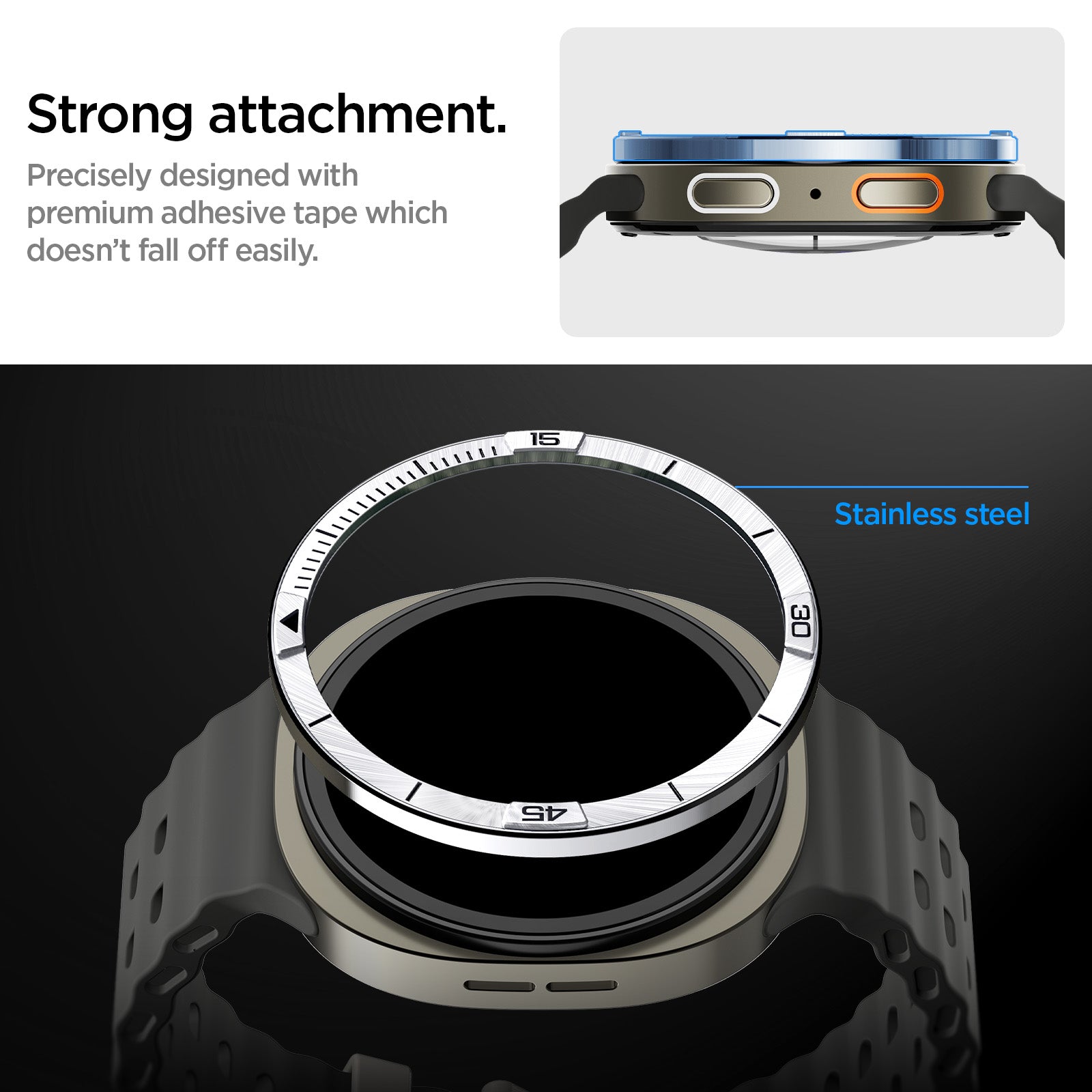 ACS10009 - Galaxy Watch 8 44mm Bezel Tune in sliver strong attachment precisely designed with premium adhesive tape which doesn't fall off easily. stainless steel.