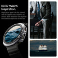 ACS10010 - Galaxy Watch 8 Bezel Tune Pro in black diver watch inspiration. high gloss gear cut ring paired with a rugged case, inspired by classic diver watches, set against he bold background of the sea.