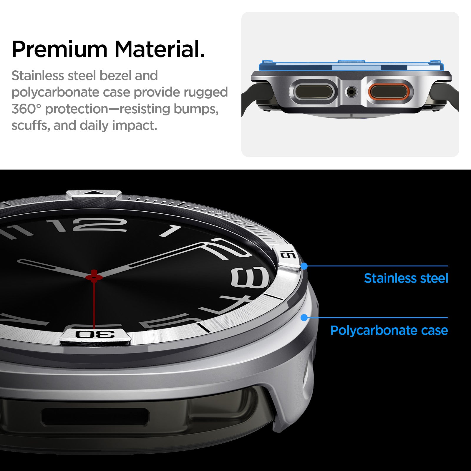 ACS10011 - Galaxy Watch 8 Bezel Tune Pro in sliver showing premium material, stainless steel bezel + durable pc case scratch and bump protection with full 360 coverage in and out of water