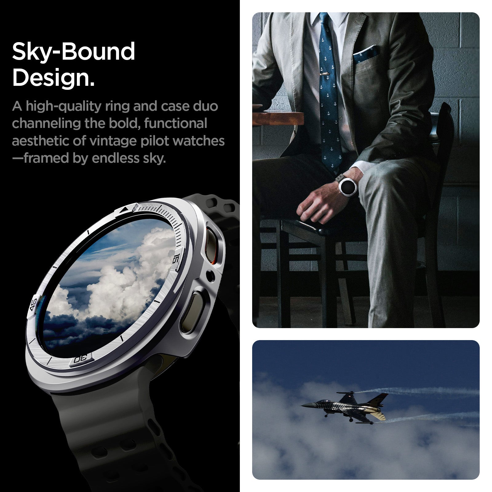 ACS10011 - Galaxy Watch 8 Bezel Tune Pro in sliver sky bound design. a high quality ring and case duo channeling the bold, functional aesthetic of vintage pilot watches framed by endless sky