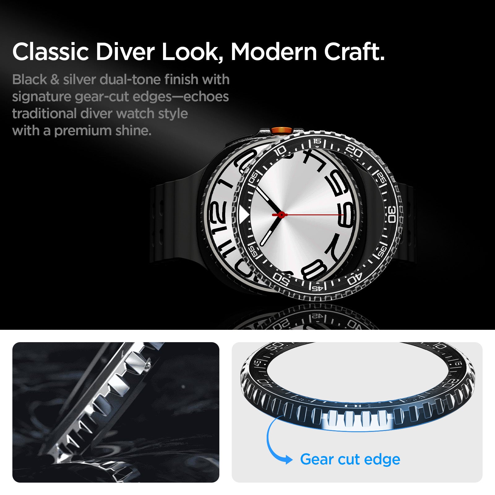 ACS10014 - Galaxy Watch 8 46mm Bezel Tune in black classic diver look, modern craft. black and sliver dual tone finish with signature gear cut edges echoes traditional diver watch style with premium shine. Gear cut edge.